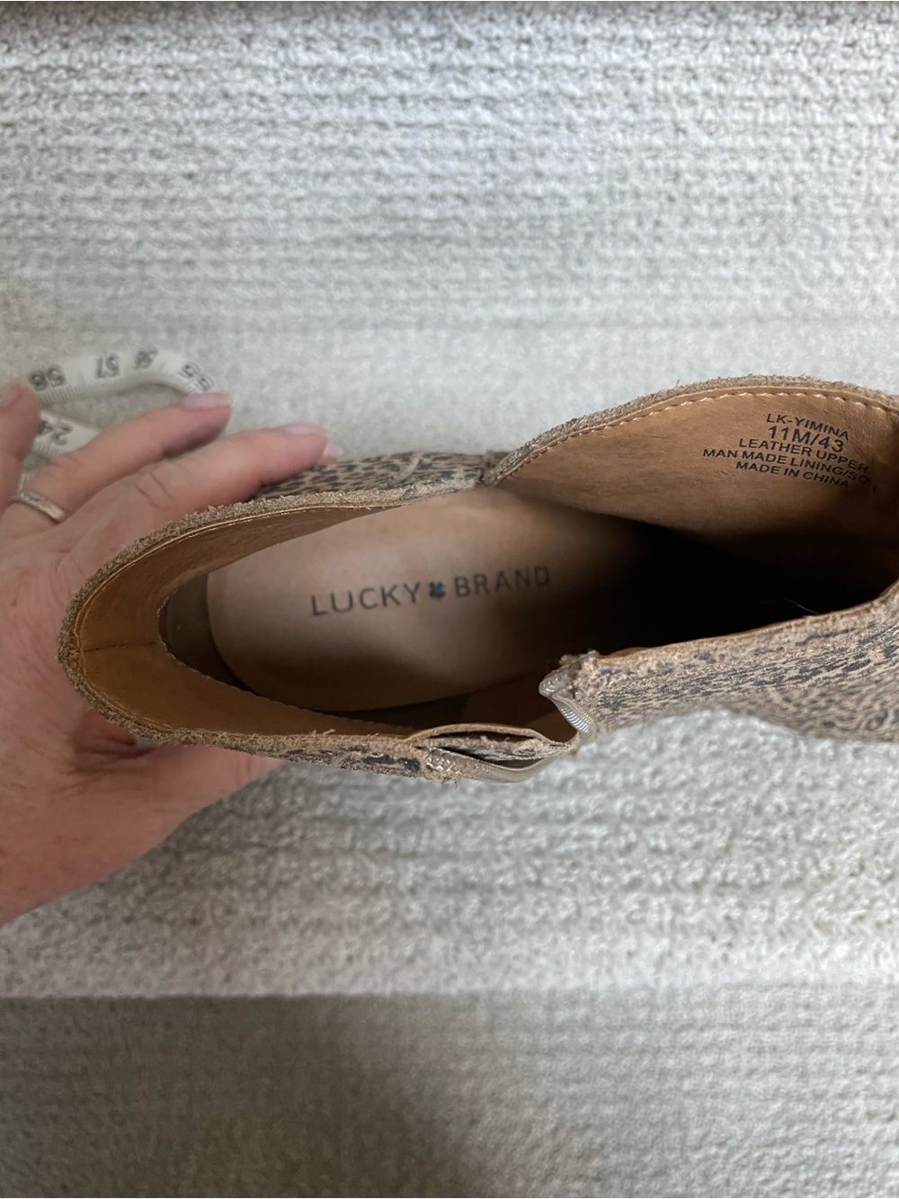 Lucky Brand Yabba Leopard Print Leather Stacked Wooden Heel Booties Size 11M - Picture 13 of 14